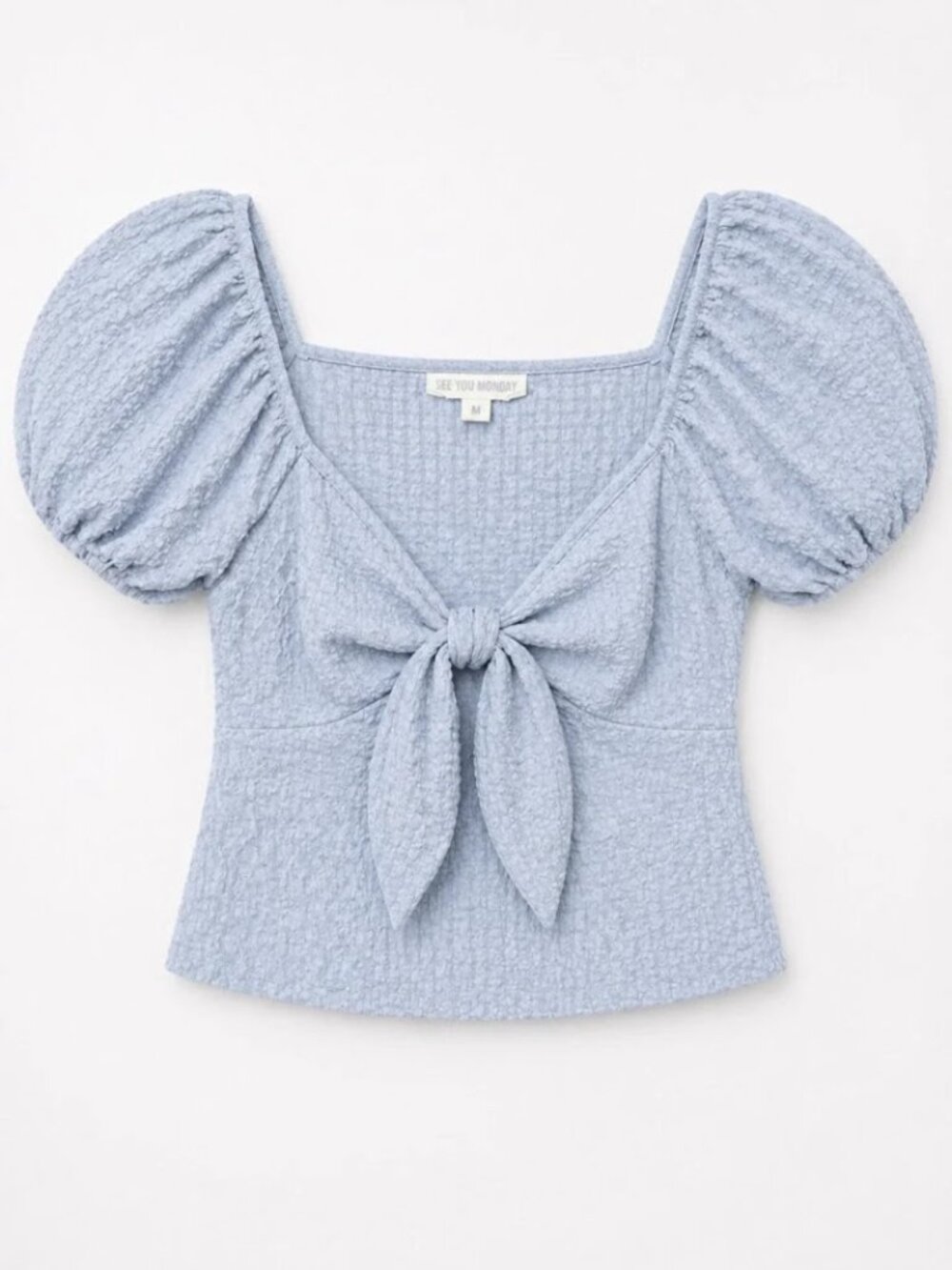 See You Monday Powder Blue Textured Tie-Front Puff Sleeve Peplum Blouse Size S